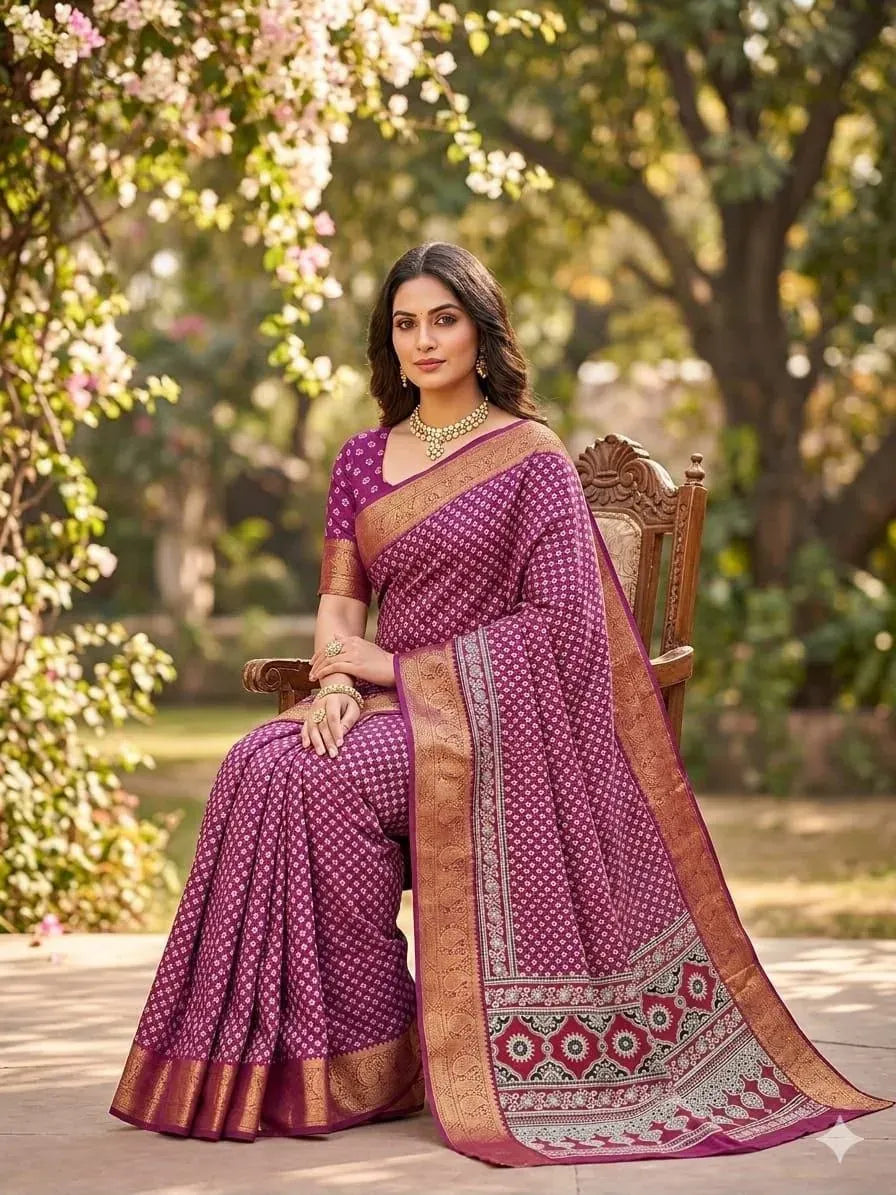 Model sitting gracefully wearing wine mysore silk saree outdoors