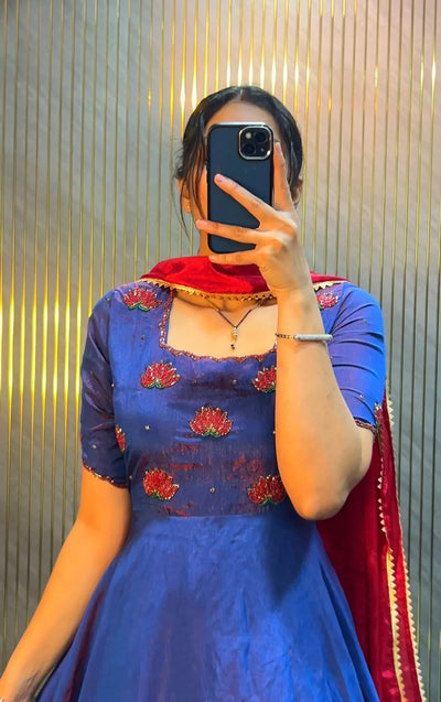 Premium Nc Vichitra Silk Maggam Handwork Anarkali Gown with Dupatta for Festive Celebrations
