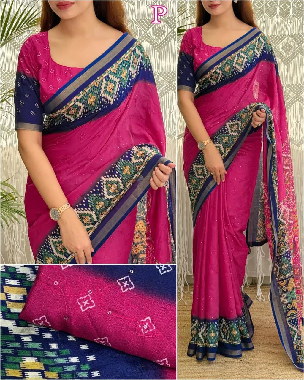 Model wearing pink neno patola saree with blue zari border and blouse
