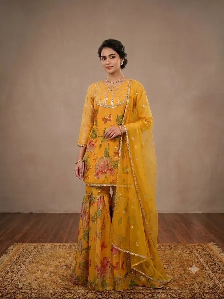Model wearing a mustard yellow floral printed organza sharara suit with sequin embroidered details