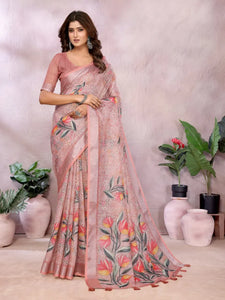 Premium Peach Floral Print Linen Shimmer Saree - Lightweight Comfort for Festive Celebrations