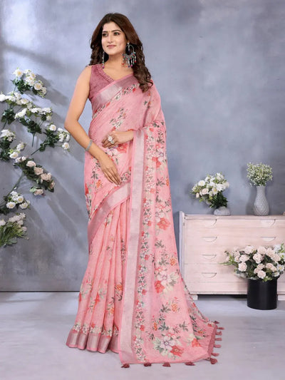 Premium Pink Floral Print Linen Shimmer Saree with Designer Blouse - Elegant Festive Wear for Women
