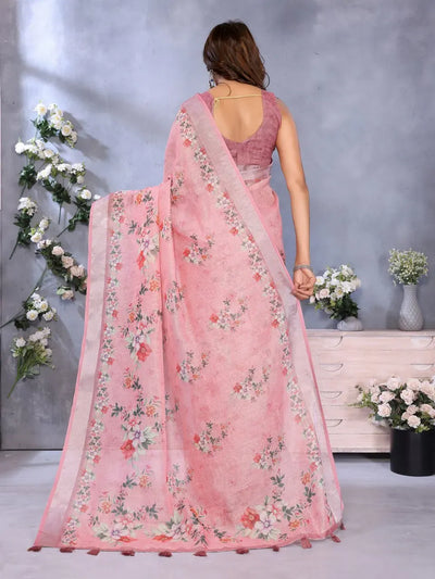 Premium Pink Floral Print Linen Shimmer Saree with Designer Blouse - Elegant Festive Wear for Women