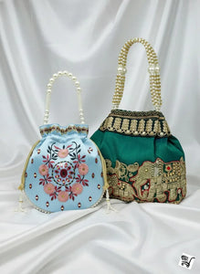 Premium Potli Bag Set - Handcrafted Elephant & Floral Embroidery for Festive & Wedding Occasions