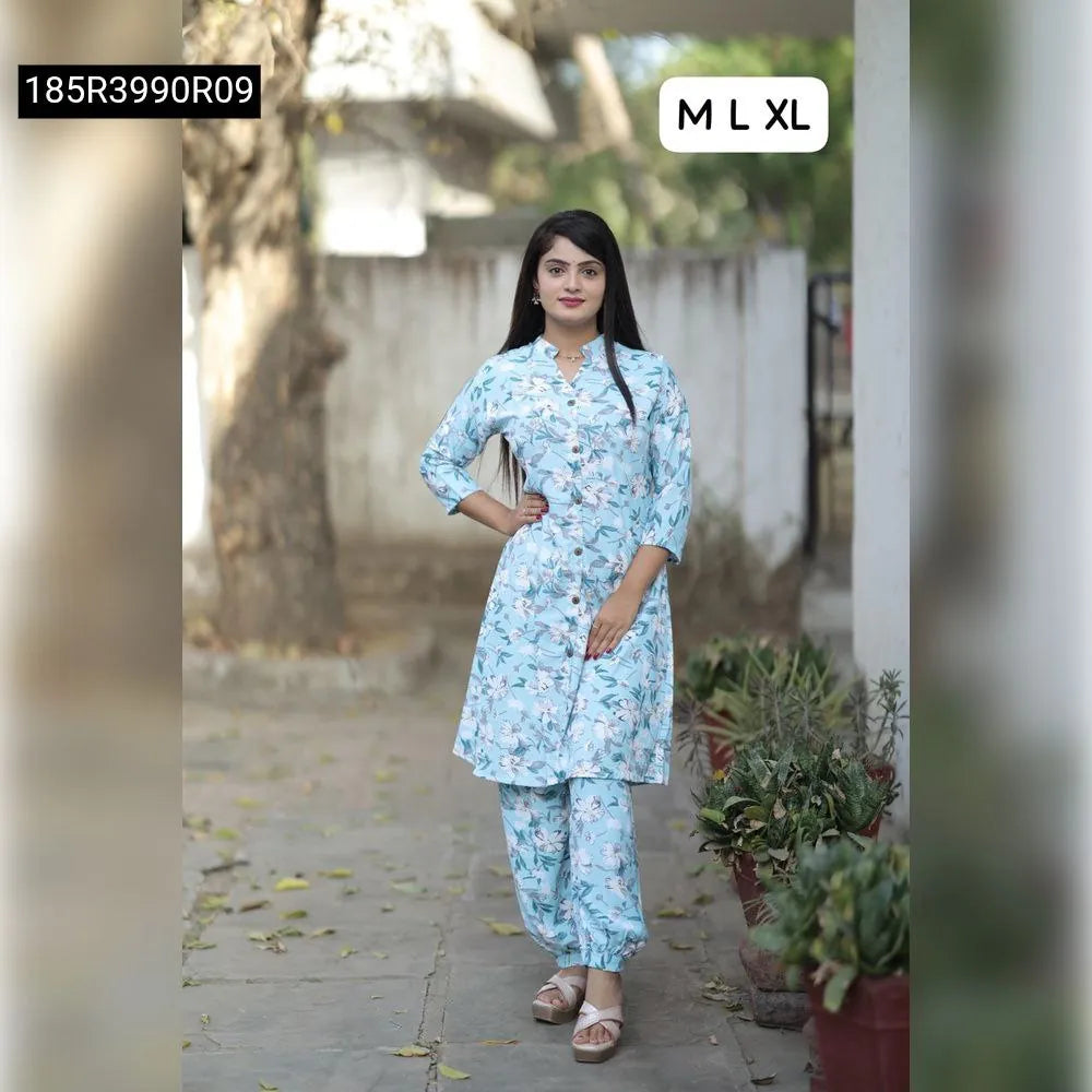 TRENDBUY Women's Aqua Floral Printed A-Line Kurti with Afghani Pant Set, Front View