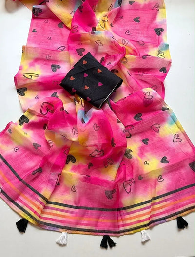 Premium Printed Linen Saree with Blouse for Festive Wear
