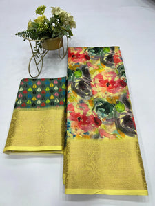 Premium Printed Linen Saree with Golden Border | Festive Wear