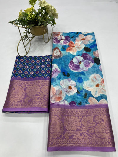 Premium Printed Linen Saree with Golden Border | Festive Wear