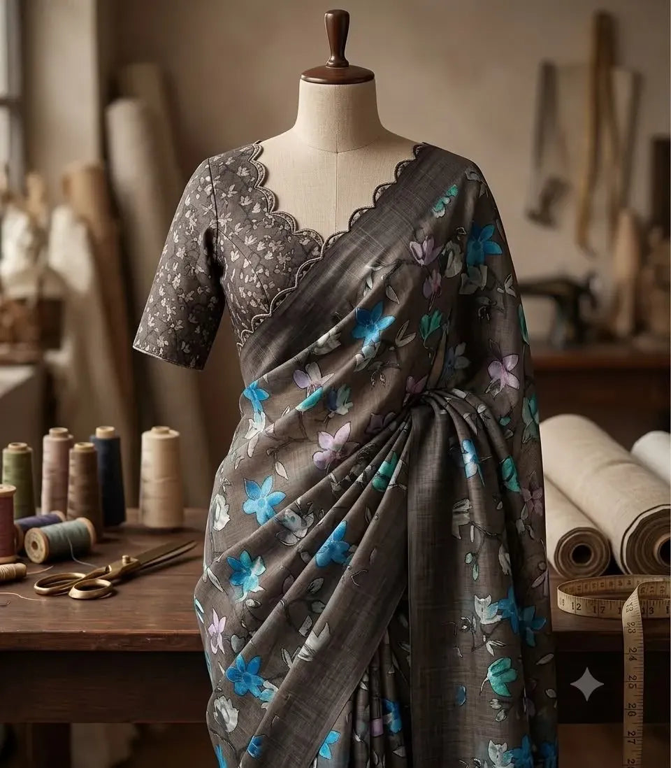 Mannequin displaying grey floral printed saree with matching blouse