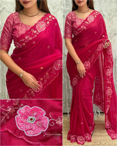 Premium Pure Chiffon Saree with Hand Applique Work - Elegant Festive Wear for Women