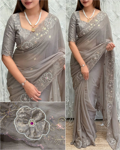 Premium Pure Chiffon Saree with Hand Applique Work - Elegant Festive Wear for Women