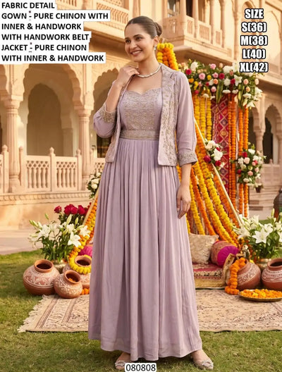 Premium Pure Chinon Gown with Jacket - Handcrafted Festive & Garba Wear