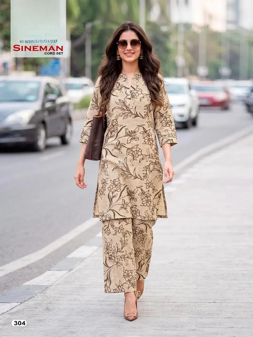 Beige floral printed cotton co-ord set with V-neck on model walking outdoors