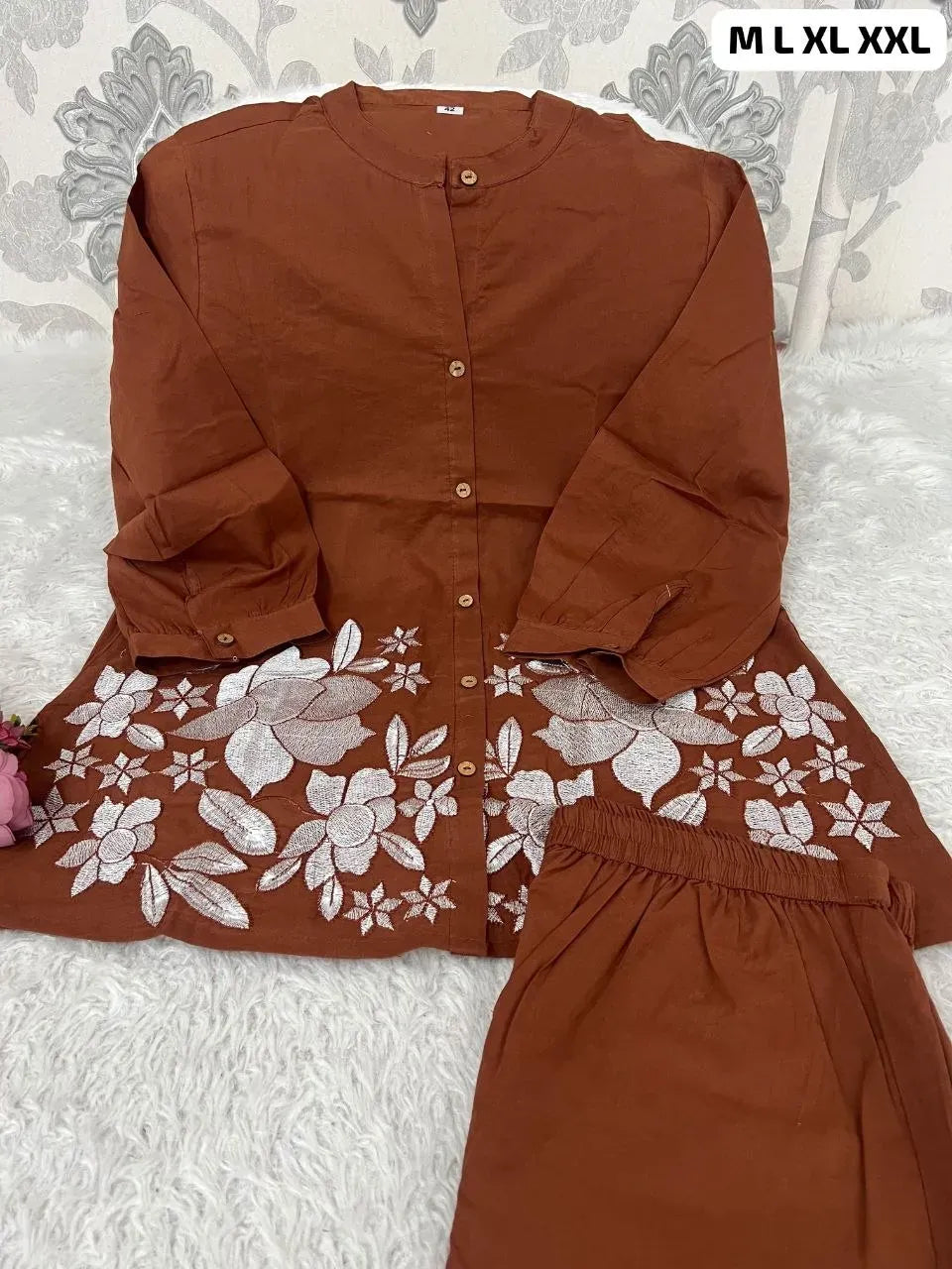 Rust brown pure cotton cord set with white floral embroidery and matching pants