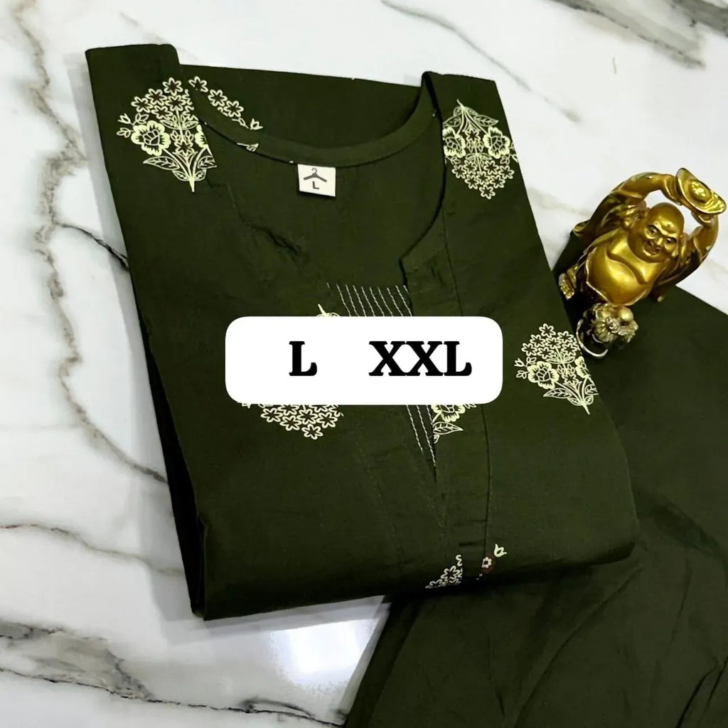 Olive green pure cotton kurti pant set with floral print