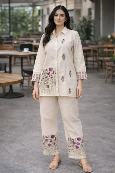 Premium Pure Cotton Kurti Pant Set - Elegant Floral Embroidery Festive Wear for Women