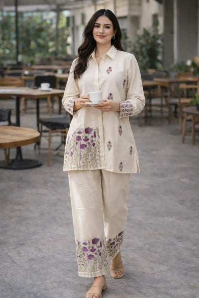 Premium Pure Cotton Kurti Pant Set - Elegant Floral Embroidery Festive Wear for Women