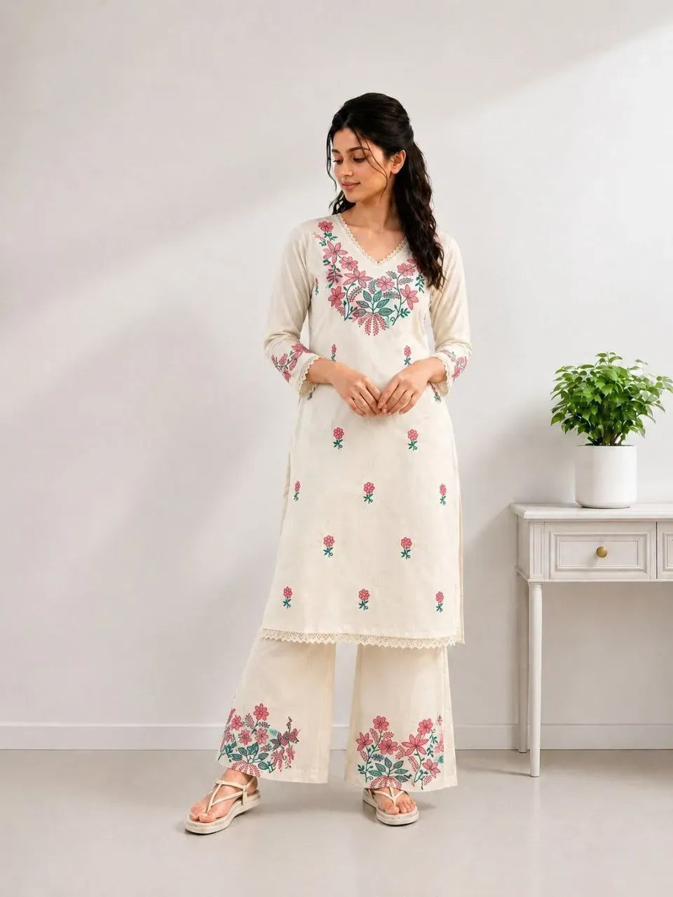 Model standing wearing a cream pure cotton embroidered kurti and palazzo set