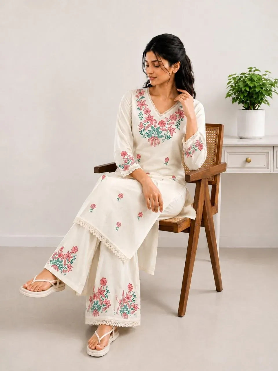 Model sitting on wooden chair wearing cream embroidered cotton kurti set