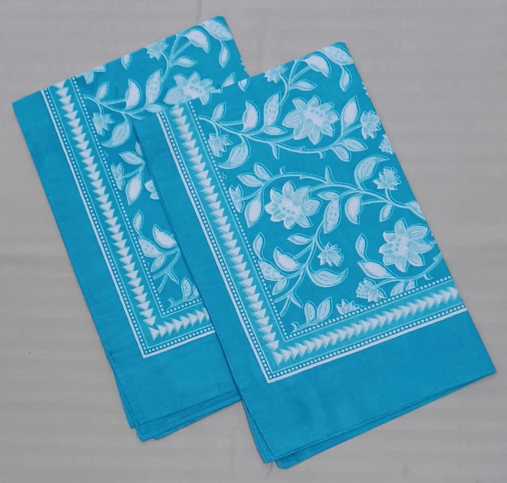 Turquoise blue cotton pillow covers with white floral vine print