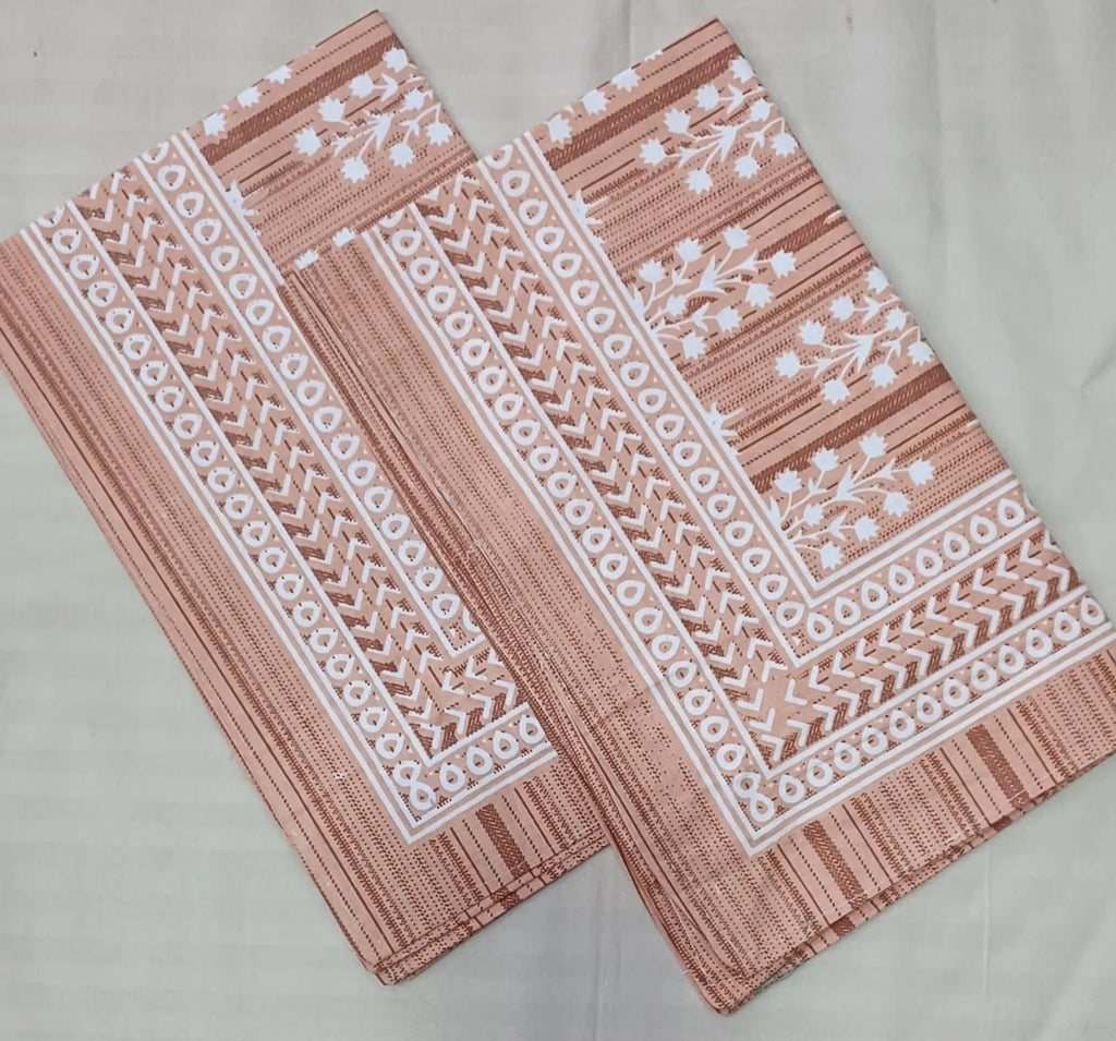 Beige pure cotton pillow covers with white traditional block print and zipper