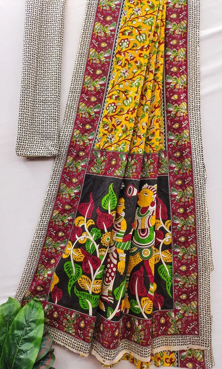 Yellow and maroon mul cotton Kalamkari saree with running blouse