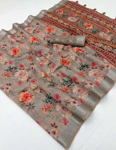 Premium Pure Linen Digital Print Saree - Soft Festive Wear for Women