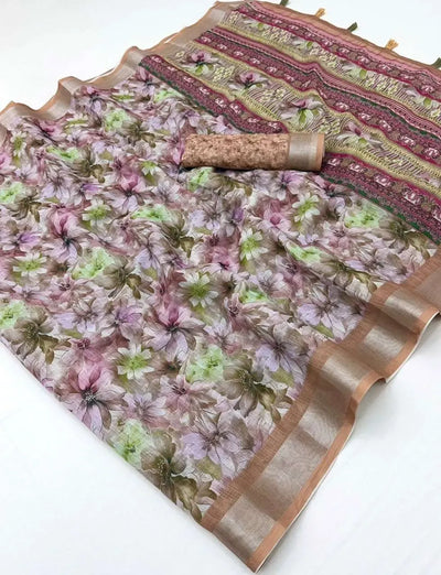 Premium Pure Linen Digital Print Saree - Soft Festive Wear for Women