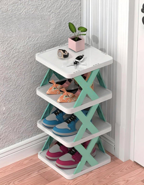 Premium black plastic 4-shelf foldable shoe rack with shoes