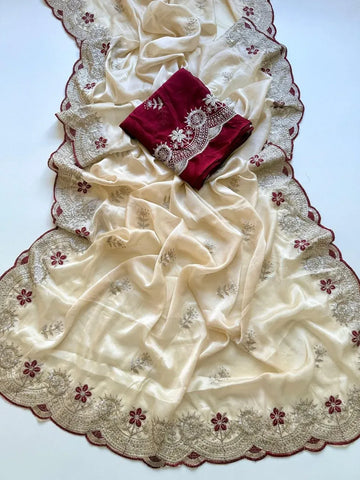 Premium Rangoli Saree with Contrast Embroidered Blouse