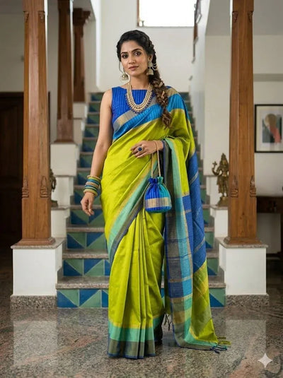 Premium Raw Silk Saree - Contrast Pallu & Blouse for Women