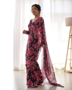 Premium Ready-to-Wear Georgette Saree with Digital Print and Heavy Lace Border