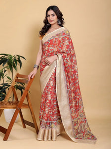Premium Red Kalamkari Saree with Broad Zari Border - Elegant Festive Wear for Women