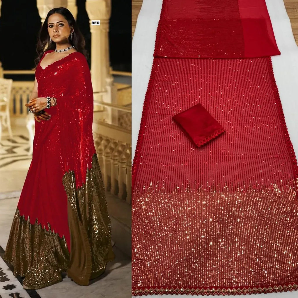 Model wearing red sequins saree with gold border
