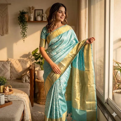 Premium Rich Zari Weaving Golden Flower Saree - Elegant Festive Wear with Running Blouse
