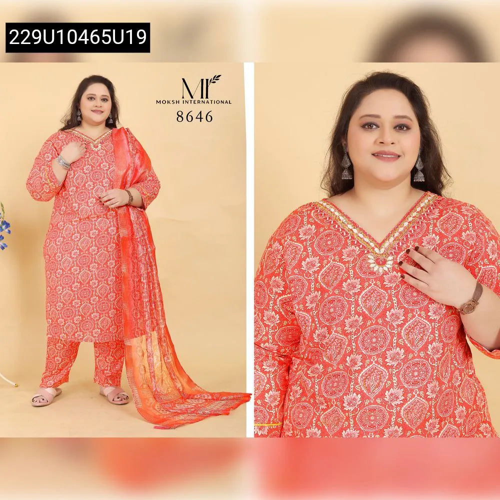 Woman in Terracotta Red Premium Riyon Kurti Pant Set with Organja Dupatta