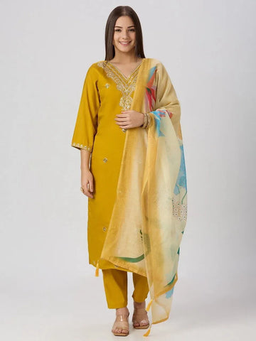 Premium Roman Silk Kurti Pant Set with Chanderi Dupatta | Festive Wear for Women
