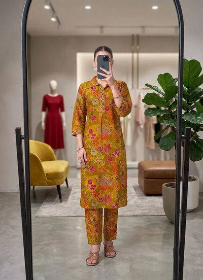 Premium Roman Silk Kurti Set - Comfortable Floral Design for Festive Wear