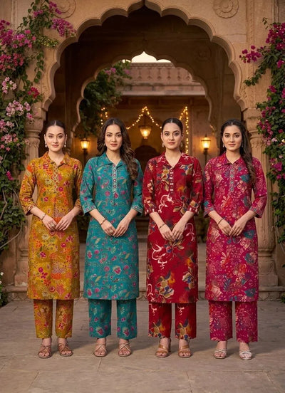 Premium Roman Silk Kurti Set - Comfortable Floral Design for Festive Wear