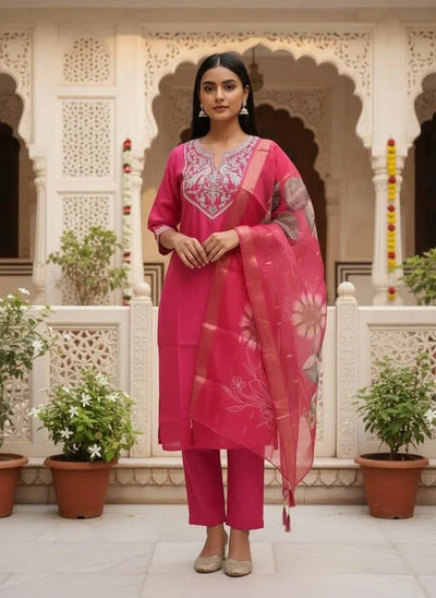 Premium Roman Silk Kurti Set - Elegant Embroidery Festive Wear for Women