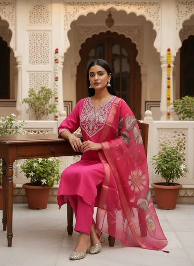 Premium Roman Silk Kurti Set - Elegant Embroidery Festive Wear for Women