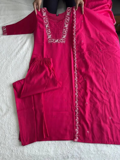 Premium Roman Silk Kurti Set - Elegant Embroidery & Sequence Work for Festive Wear