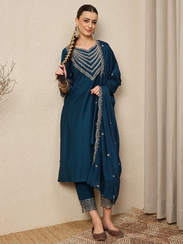 Premium Roman Silk Kurti Set - Embroidered Festive Wear with Dupatta | Sizes S-3XL