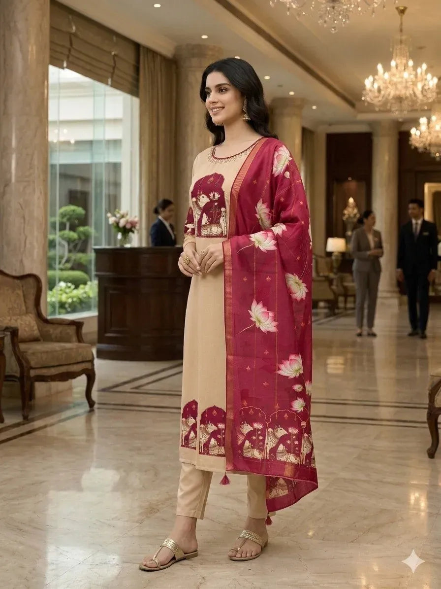 Model wearing beige roman silk suit with maroon digital print dupatta in a hotel lobby