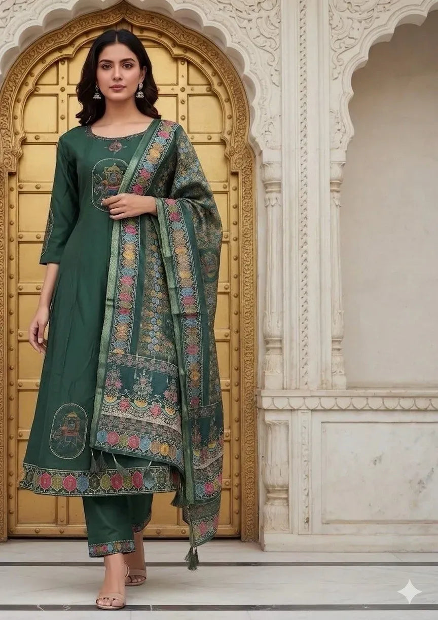 Model wearing dark green pure roman silk suit with digital print and dupatta