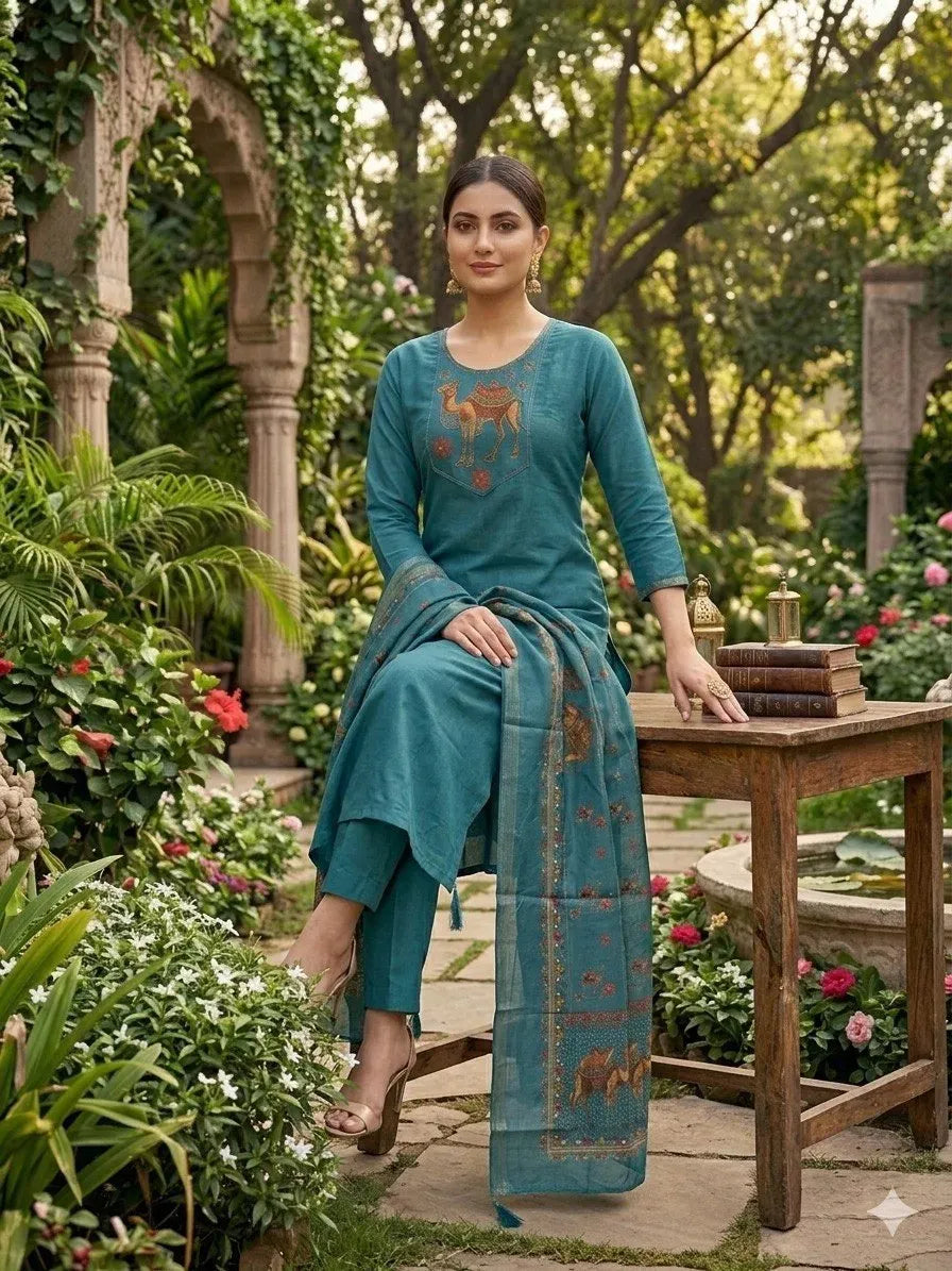 Teal blue Roman silk suit with digital print dupatta on model