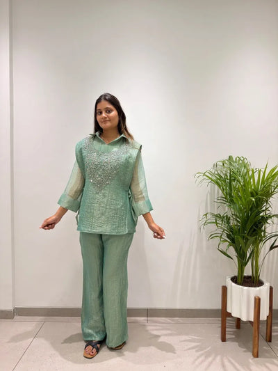 Premium Salsa Silk Co-Ord Set with Hand Embroidered Shrug - Festive Wear for Women
