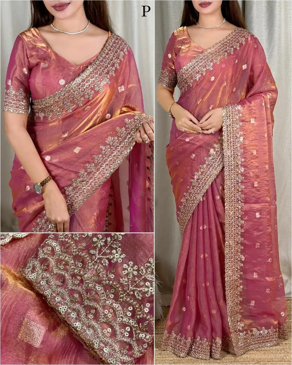 Model elegant in a rose pink satin jacquard saree featuring heavy zari work and sequins
