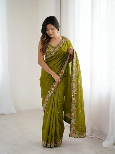 Premium Satin Silk Saree with Heavy Embroidered Blouse - Elegant Wedding Collection for Women
