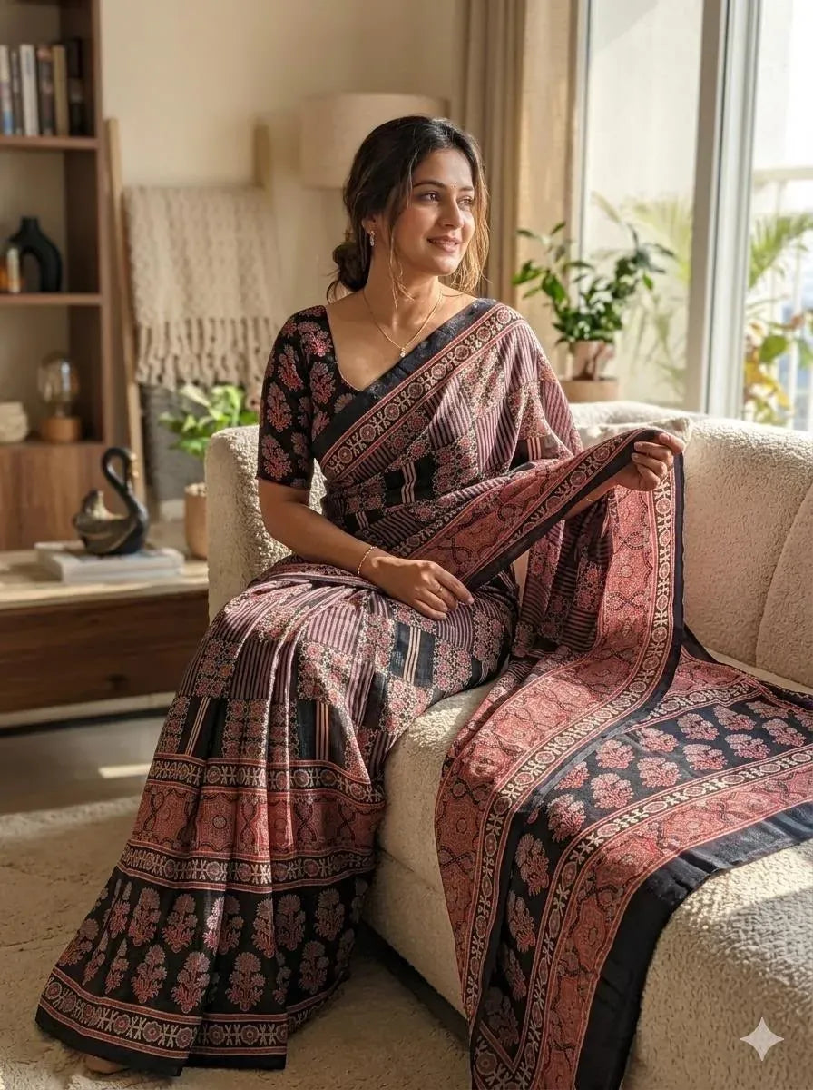 Woman sitting on a sofa wearing a black and red ajrakh bandhej semi gajji silk saree